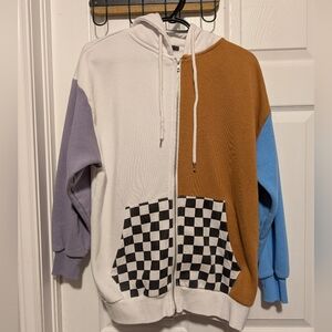 Forever 21 Colorblock Hoodie Checkered Pockets Zip Up Sweatshirt Small Oversized